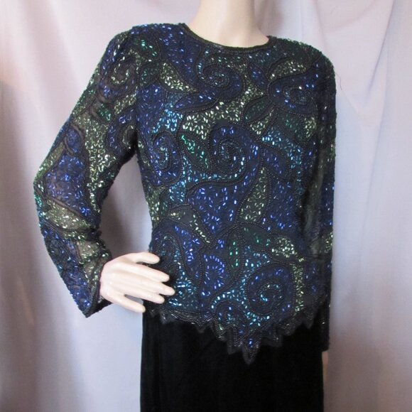 SALE Sparkly Special Event Beaded Top Swirly Blue Green Black - Picture 1 of 11